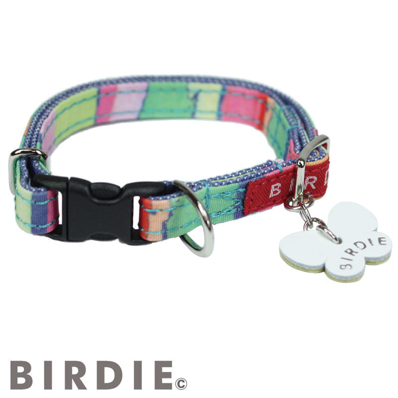 【イエロー/SS】BIRDIE マルチボーダーカラー カラフルなレインボーカラーの首輪 5colorssize 【(バーディ)小型犬用ワンタッチバックル首輪】