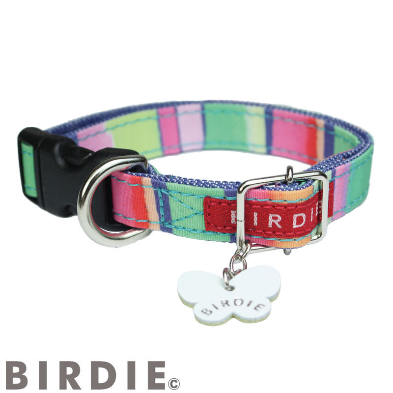 【S/レッド】BIRDIE マルチボーダーカラー カラフルなレインボーカラーの首輪 5colorssize 【(バーディ)小型犬用ワンタッチバックル首輪】