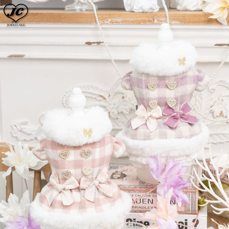 【XS/ピンク】ダブルリボンファーコート Fancy House ファンシーハウス 裾からチラッと見えるレースがとってもお洒落 華やかさに防寒機能も兼ね備えたパーフェクトコート 犬 服 ドッグウェア 犬用品 犬用 小型犬 中型犬