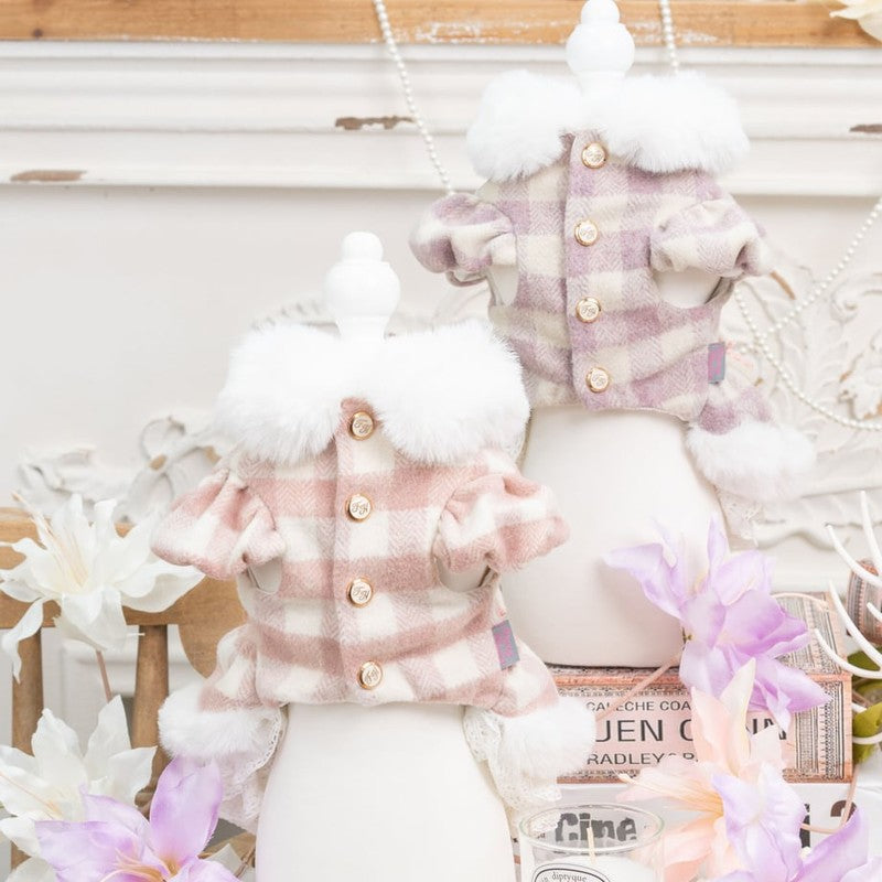 【XS/ピンク】ダブルリボンファーコート Fancy House ファンシーハウス 裾からチラッと見えるレースがとってもお洒落 華やかさに防寒機能も兼ね備えたパーフェクトコート 犬 服 ドッグウェア 犬用品 犬用 小型犬 中型犬