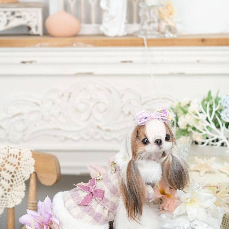 【XS/ピンク】ダブルリボンファーコート Fancy House ファンシーハウス 裾からチラッと見えるレースがとってもお洒落 華やかさに防寒機能も兼ね備えたパーフェクトコート 犬 服 ドッグウェア 犬用品 犬用 小型犬 中型犬