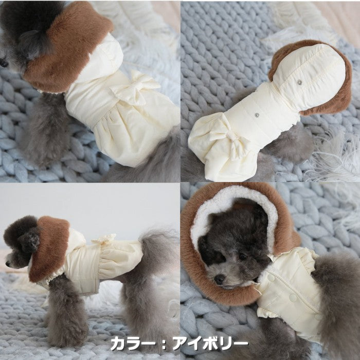 【S/ピンク】スノーフード ダウンワンピース TOTO&ROY 防寒 ファッショナブル ファーフード ダウンウェア 犬服 ペット・ペットグッズ 犬用品 小型犬 中型犬 ファー【犬服 ブランド】