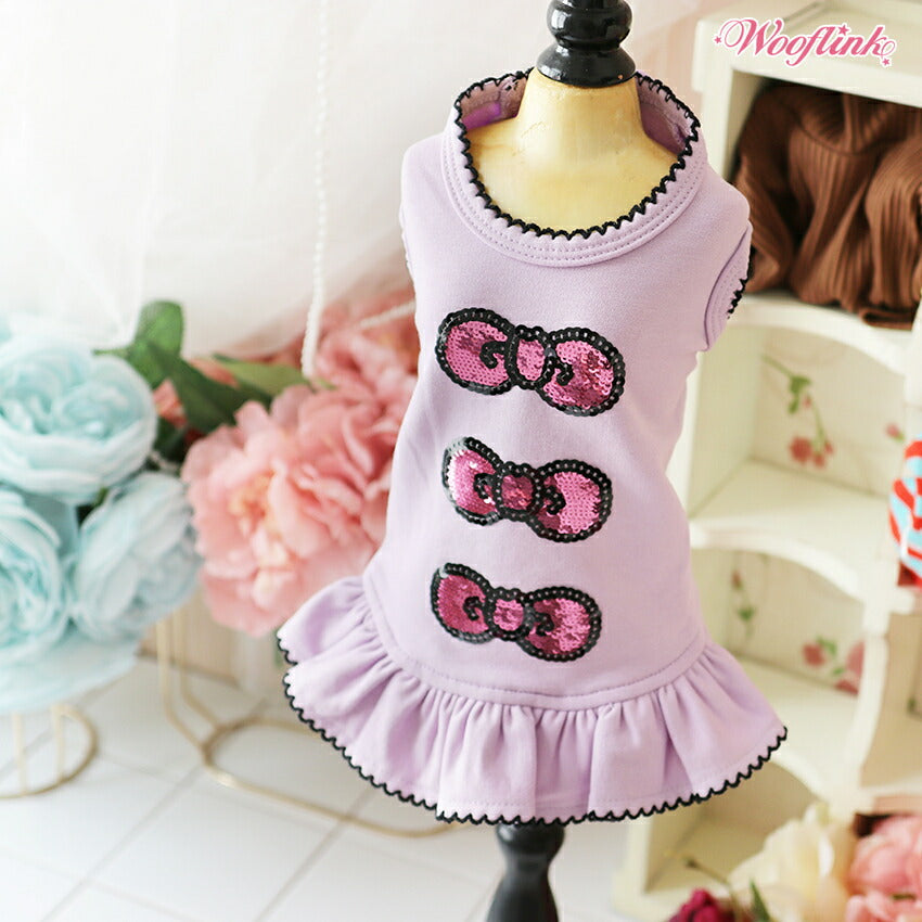 【パープル/サイズ:4号】SEQUIN BOWS MINI DRESS【WOOFLINK】 シークイン・ボウ・ミニドレス【犬用品 ドッググッズ 犬服 ドッグウェア 中型犬】