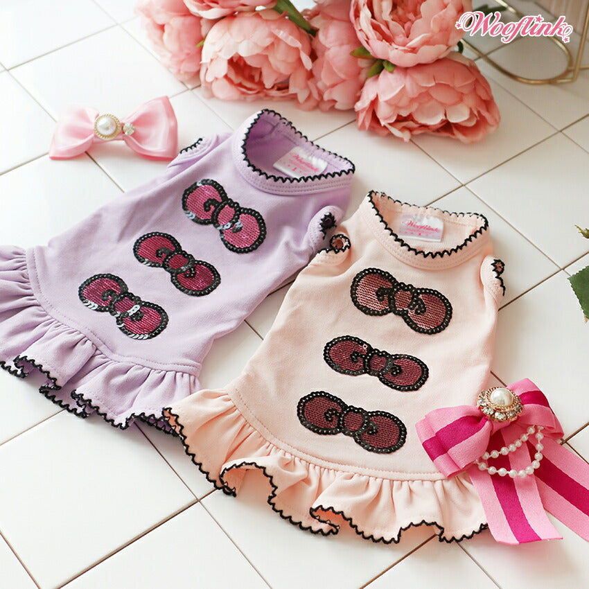【パープル/サイズ:4号】SEQUIN BOWS MINI DRESS【WOOFLINK】 シークイン・ボウ・ミニドレス【犬用品 ドッググッズ 犬服 ドッグウェア 中型犬】