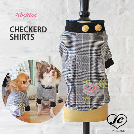 【サイズ２】【WOOFLINK】（ウーフリンク)CHECKERD SHIRTS （ドッグウエア 犬服 小型犬 チェック セレブ カットソー　シック　金ボタン　刺繍）【犬服 ブランド】