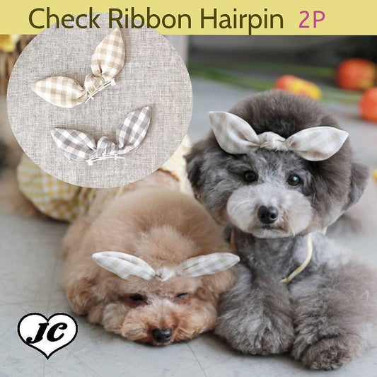 【メール便可能】 Check Ribbon Hairpin 2pcs SET【TOTO＆ROY】チェックリボン　2個SET  【犬 服 小型犬 セレブ バレッタ　ギンガム　うさ耳　リボン　アクセサリー  バニー　リボン　バンダナ巻き　軽い　優しいカラー】