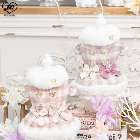 【XS/ピンク】ダブルリボンファーコート　Fancy House　ファンシーハウス　裾からチラッと見えるレースがとってもお洒落　華やかさに防寒機能も兼ね備えたパーフェクトコート　犬　服　ドッグウェア　犬用品　犬用　小型犬　中型犬