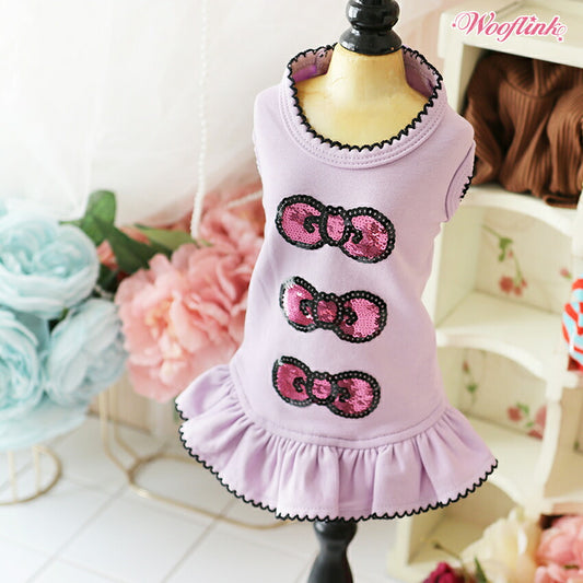 【パープル/サイズ:4号】SEQUIN BOWS MINI DRESS【WOOFLINK】　シークイン・ボウ・ミニドレス【犬用品　ドッググッズ　犬服　ドッグウェア　中型犬】