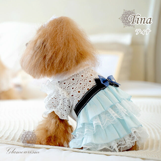 【3S/SS】ティナ（Tina）ブルー　クール　メッシュ　グラマーイズム　コットン　レース　フリル　パール　ドッグウエア　犬服　ドレス　ワンピース　グログラン