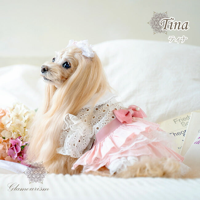 【3S/SS】ティナ（Tina）ブルー　クール　メッシュ　グラマーイズム　コットン　レース　フリル　パール　ドッグウエア　犬服　ドレス　ワンピース　グログラン