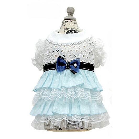 【3S/SS】ティナ（Tina）ブルー　クール　メッシュ　グラマーイズム　コットン　レース　フリル　パール　ドッグウエア　犬服　ドレス　ワンピース　グログラン
