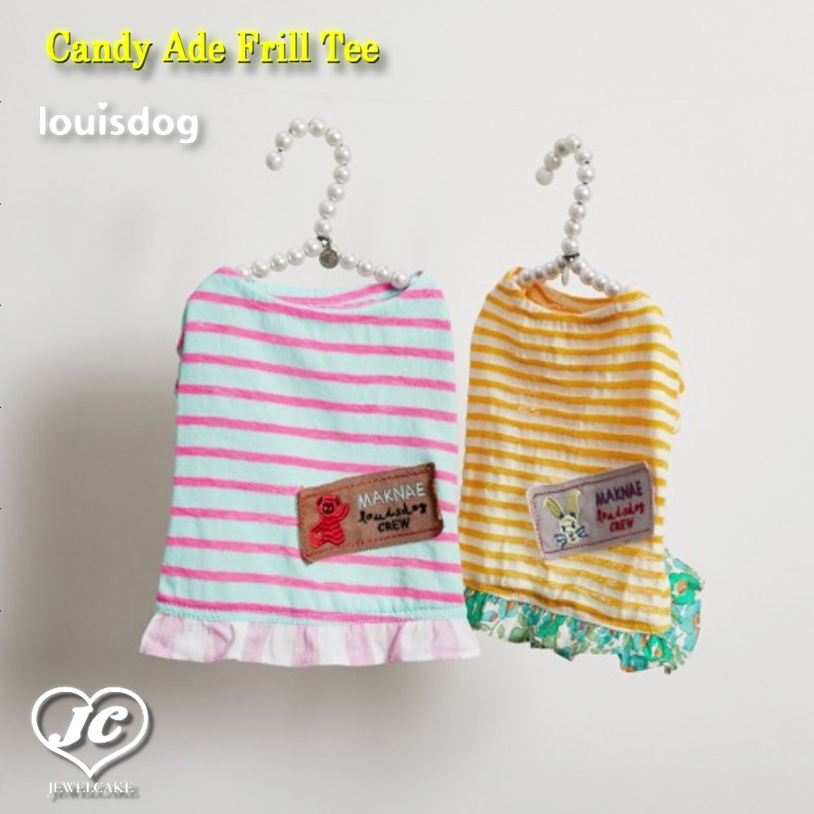 【S/2色】LOUISDOG　Candy Ade Frill Tee　キャンディー・アデ・フリル・Tシャツ　ルイスドッグ　ストライプ柄　フリル　パッチワーク　犬　服　ドッグウェア　ペット　ペット用品　犬用品　小型犬　中型犬　セレブ