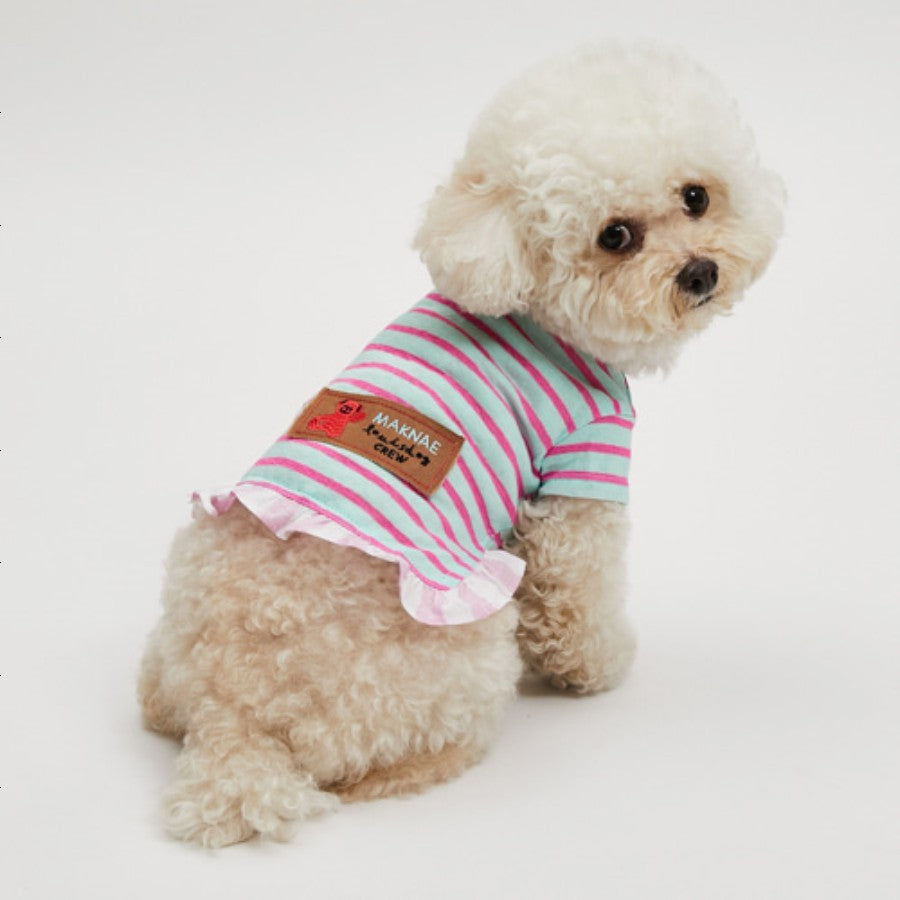 【S/2色】LOUISDOG　Candy Ade Frill Tee　キャンディー・アデ・フリル・Tシャツ　ルイスドッグ　ストライプ柄　フリル　パッチワーク　犬　服　ドッグウェア　ペット　ペット用品　犬用品　小型犬　中型犬　セレブ