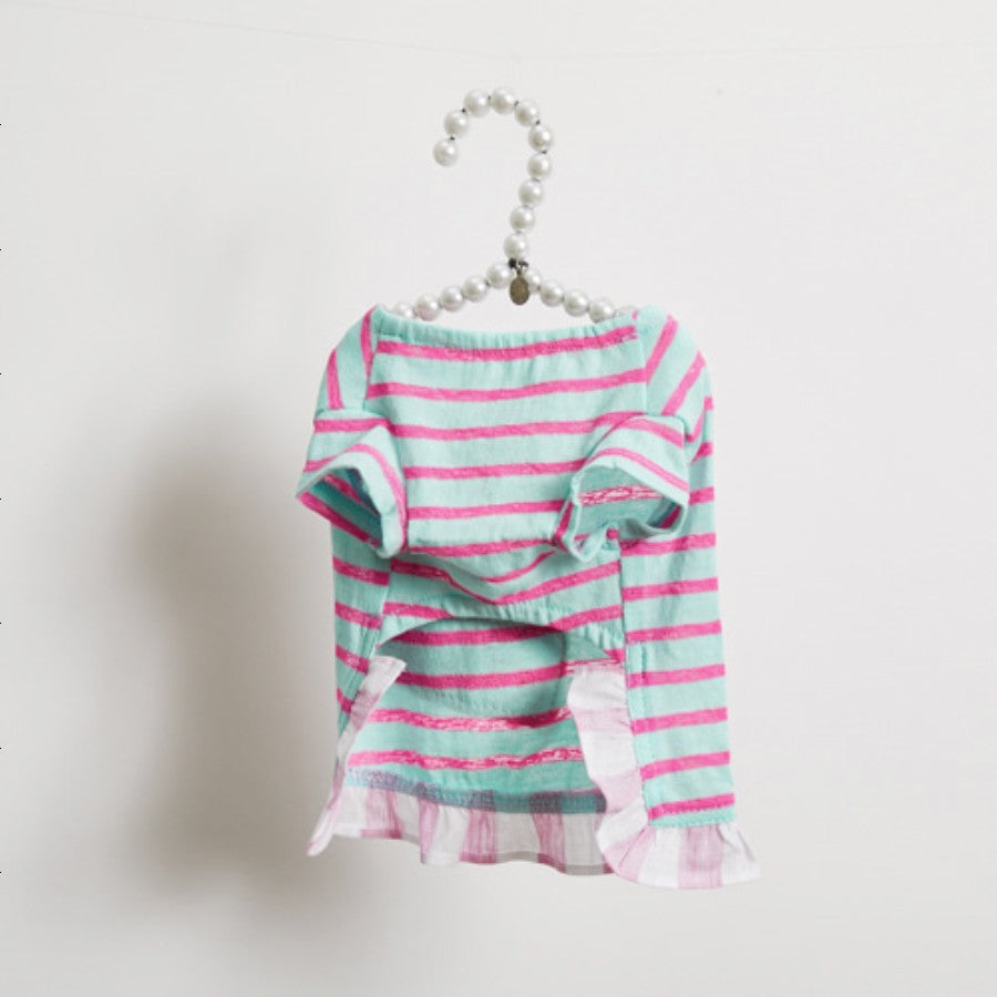 【S/2色】LOUISDOG　Candy Ade Frill Tee　キャンディー・アデ・フリル・Tシャツ　ルイスドッグ　ストライプ柄　フリル　パッチワーク　犬　服　ドッグウェア　ペット　ペット用品　犬用品　小型犬　中型犬　セレブ